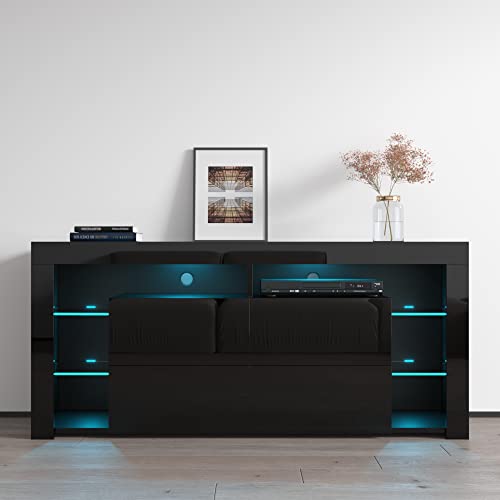 Modern High Gloss 61" TV Stand with Storage Cabinets and LED Lights D4931