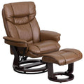 Palimino Leather Recliner and Ottoman with Swiveling Mahogany Wood Base Q690