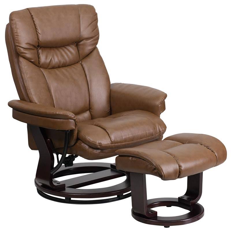 Palimino Leather Recliner and Ottoman with Swiveling Mahogany Wood Base Q690
