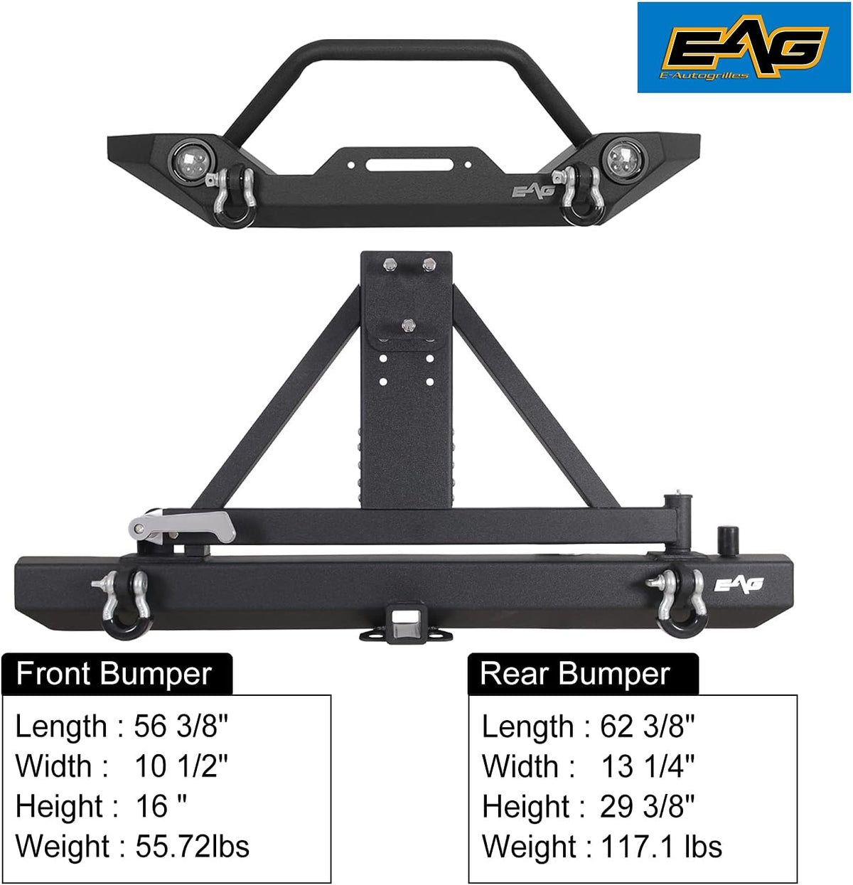 Front Bumper with LED Lights and Rear Bumper with Tire Carrier Combo B7183