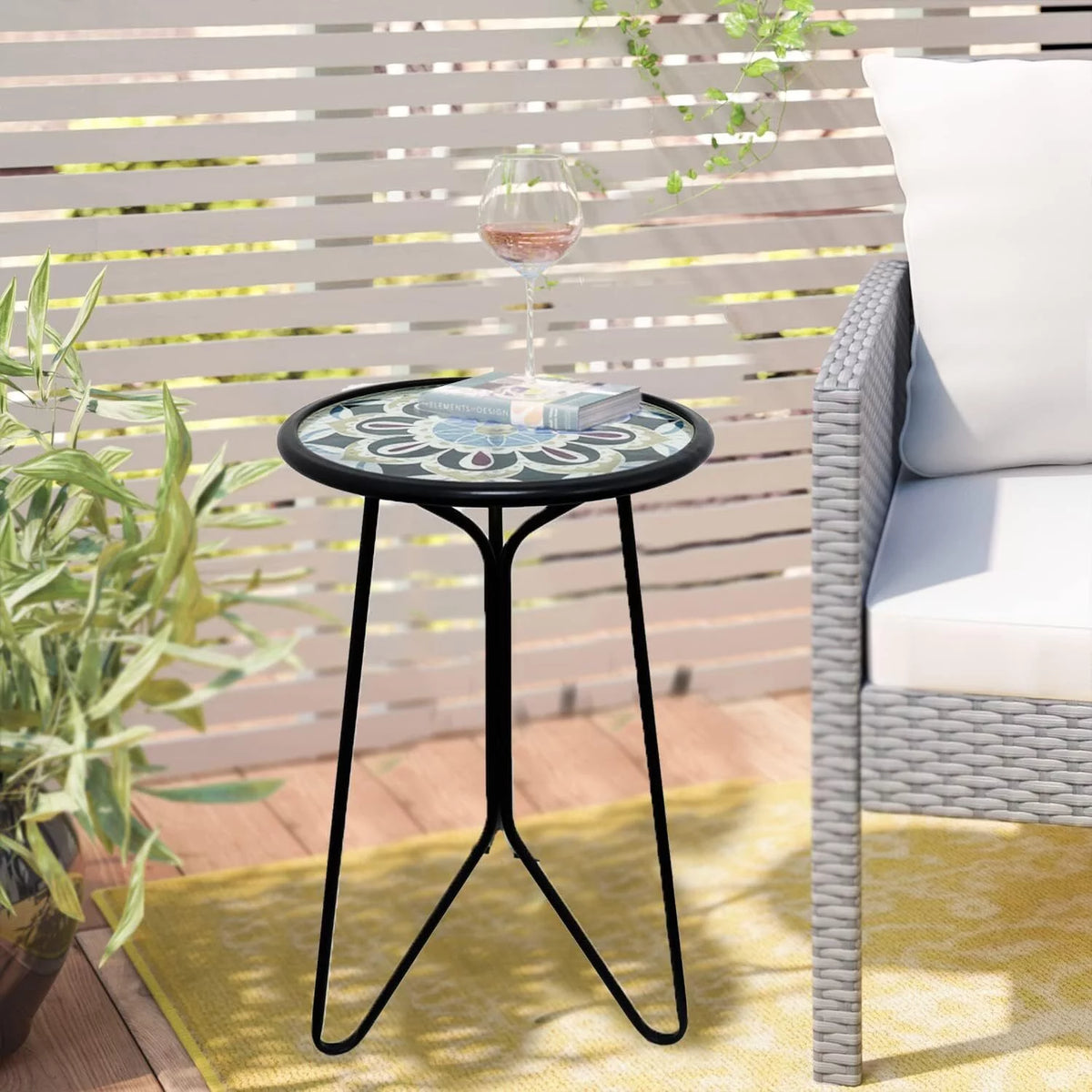Mosaic Metal Round Glass Table 12x12x22 inch W377