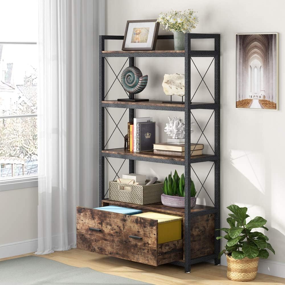 File Cabinet with Drawer, Letter Size/A4 Size Lateral Filing Cabinet with Open Storage Shelves I4591