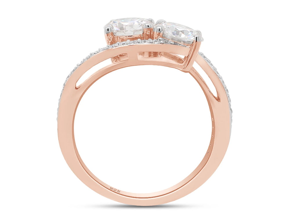 14K Rose Gold Over Sterling Silver Moissanite Two Stone Bypass Engagement Ring Z1813