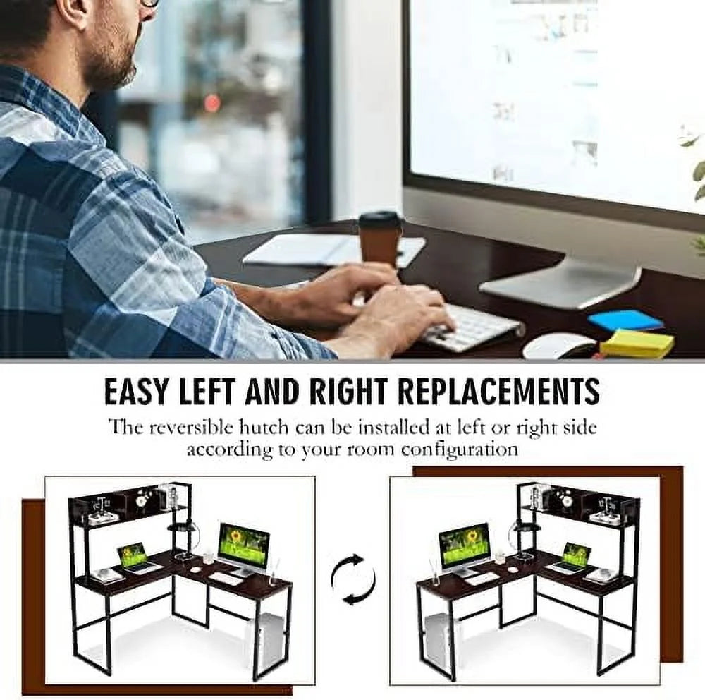 Reversible L-Shaped Corner Computer Desk with Hutch V45969