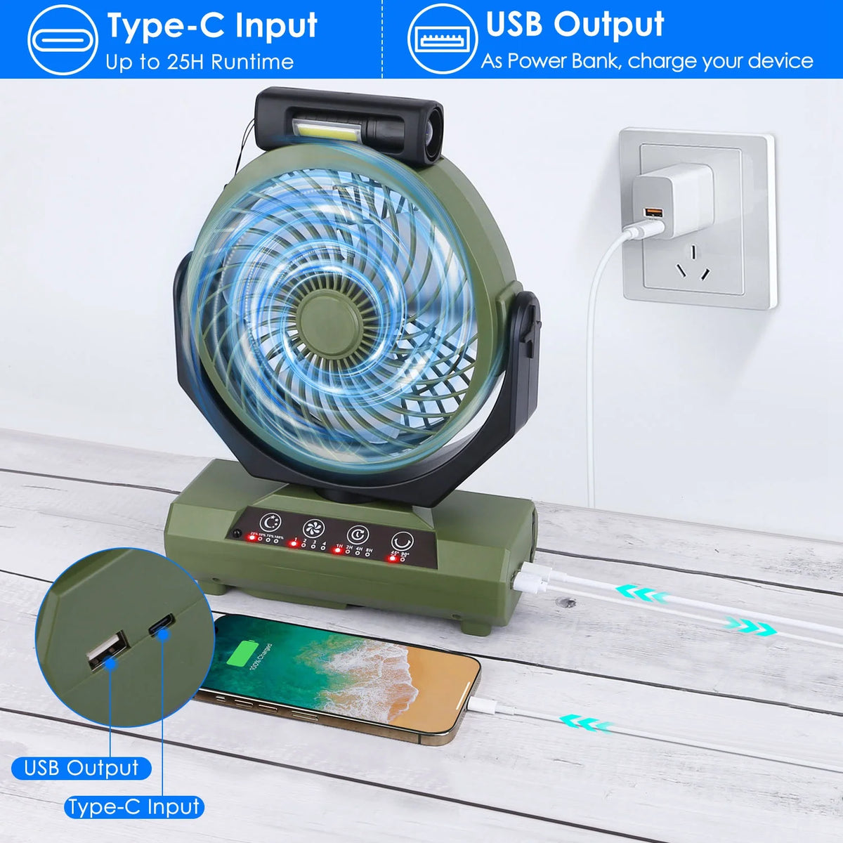 Portable Rechargeable Camping Fan with Flashlight Power Bank N481