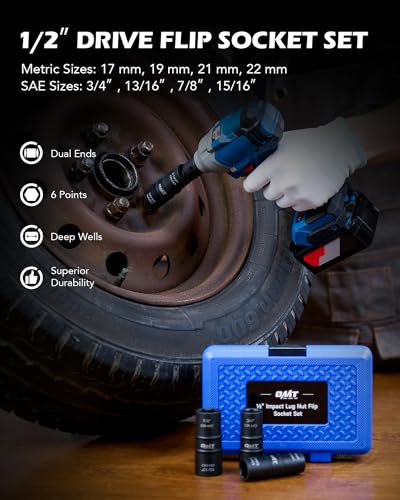 5pc 1/2" Drive Impact Flip Socket Set with Metric 17 19 21 22 mm & SAE 3/4 13/16 7/8 15/16 in. Sockets L830597