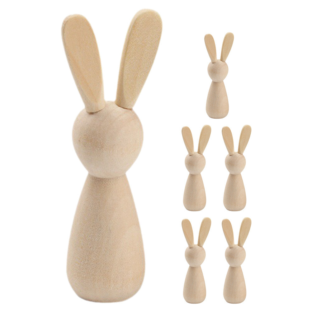 6Pcs Unpainted Natural Wooden Bunny Dolls X133