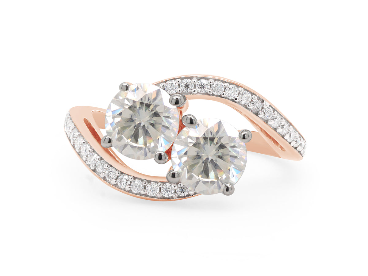 14K Rose Gold Over Sterling Silver Moissanite Two Stone Bypass Engagement Ring Z1813