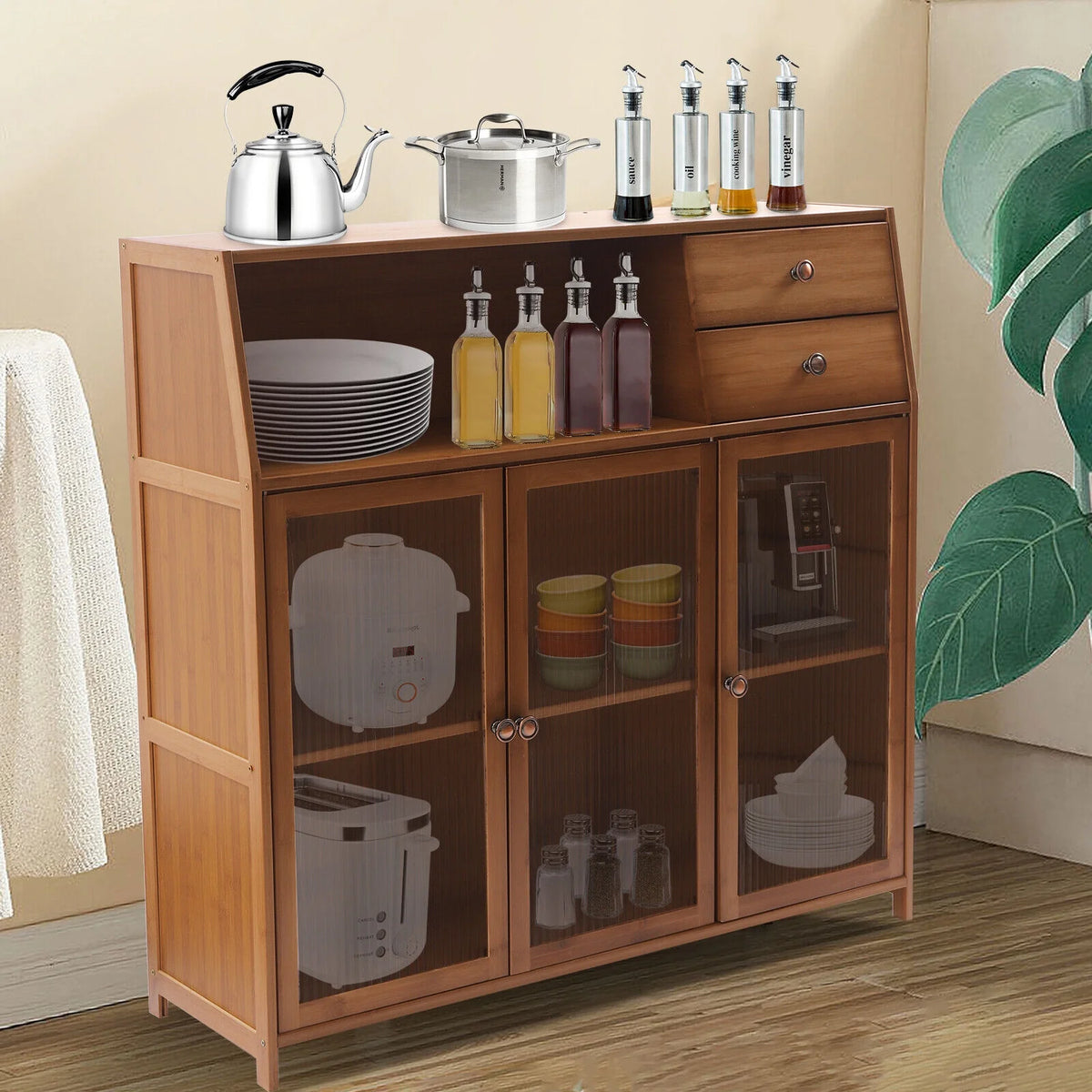 Natural Bamboo Buffet Sideboard Cabinet 39 Inch with 3 Doors V718