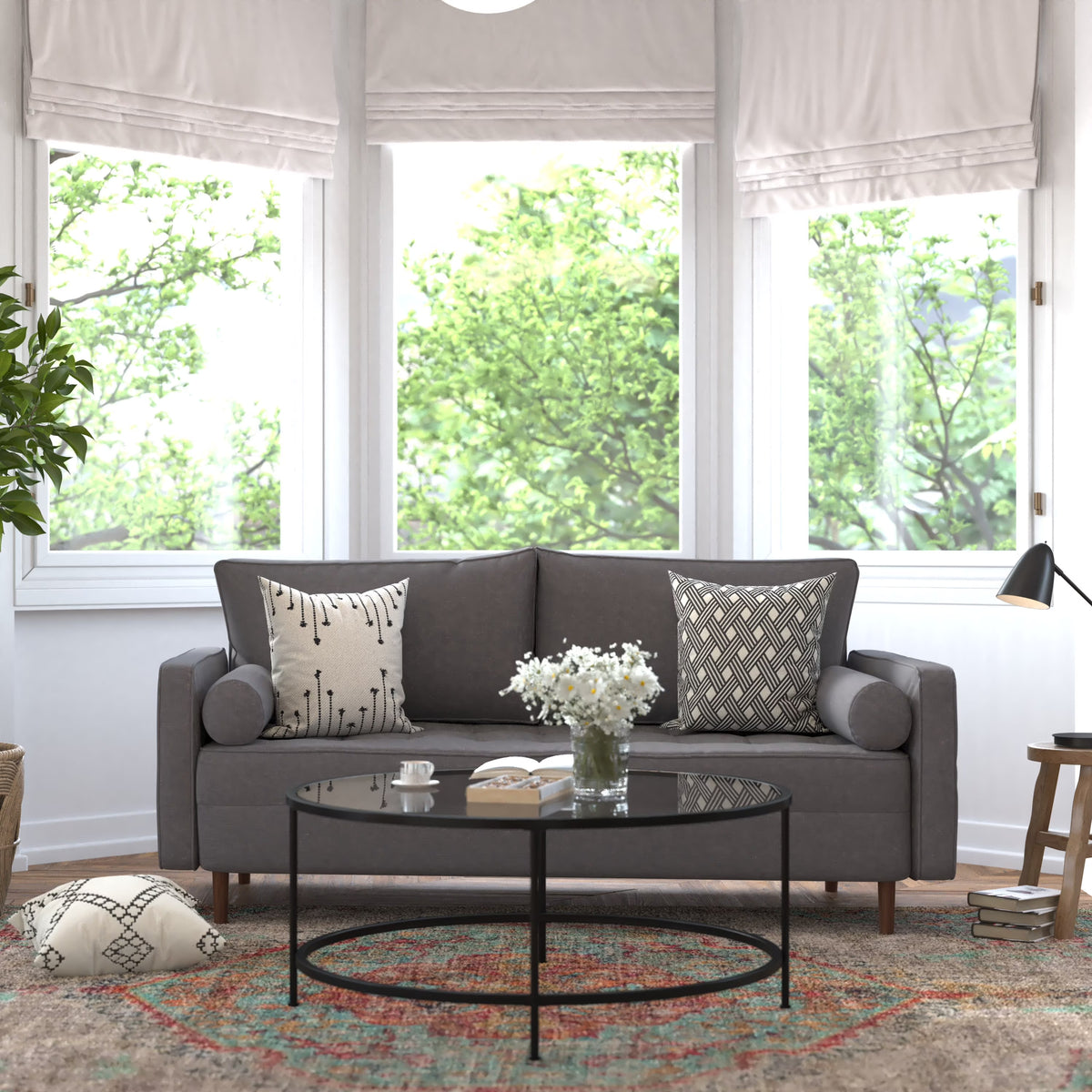Dark Gray Tufted Faux Linen Sofa with Solid Wood Legs U994