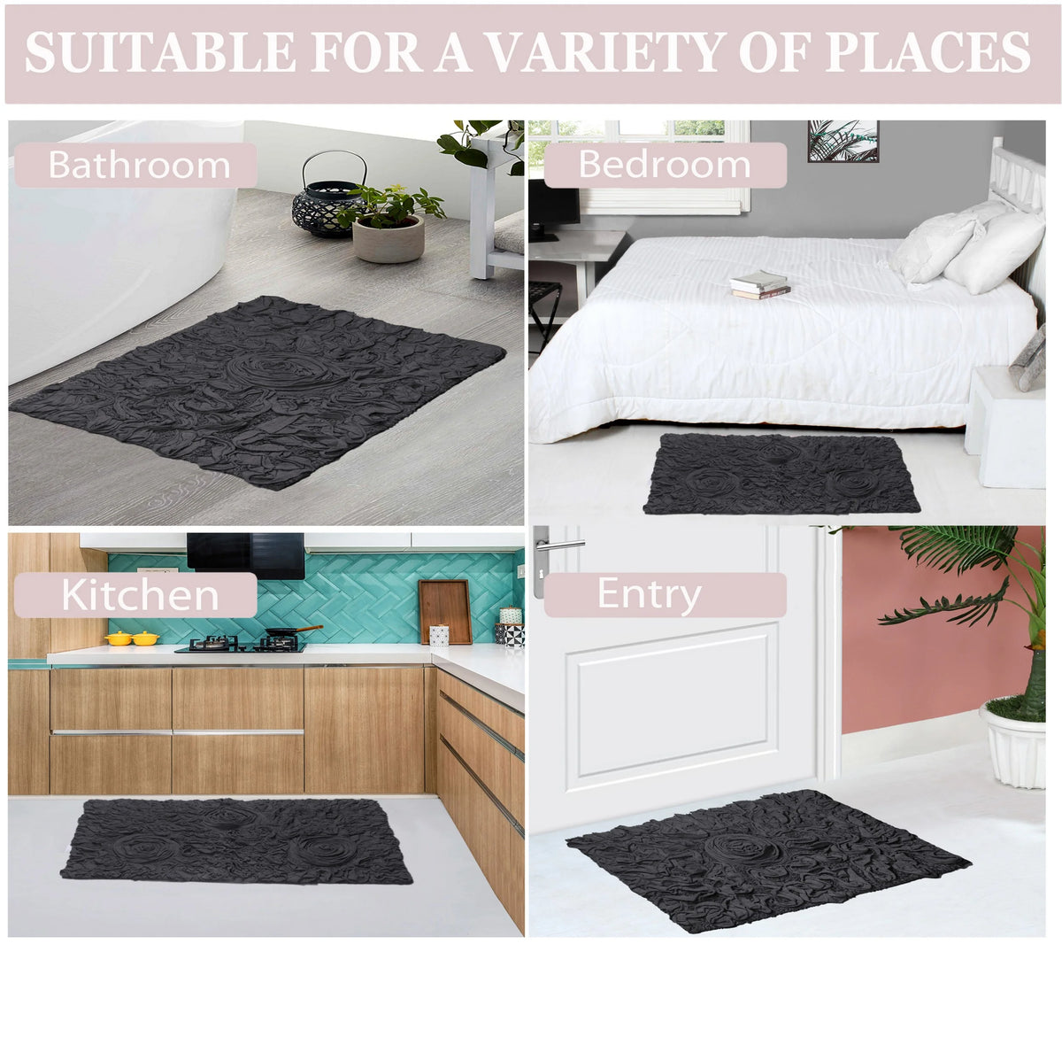 100% Cotton Non-Slip Bathroom Rug Set, 4 Piece Bath Mat Set with Contour Grey W36451