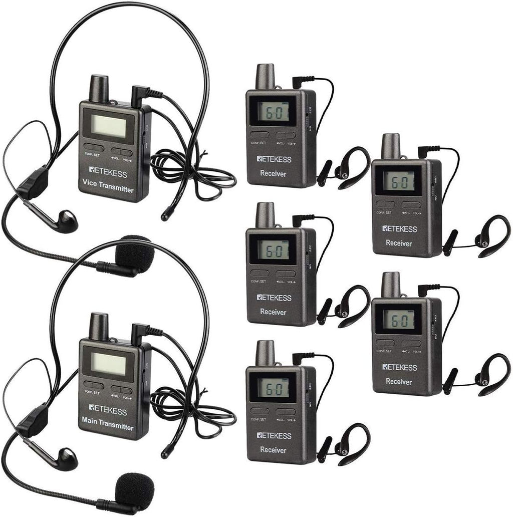 Case of 2 Main Vice Transmitters and 5 Receivers, Tour Guide System Wireless, 328ft, 2 Way Tour Headsets Microphone T445