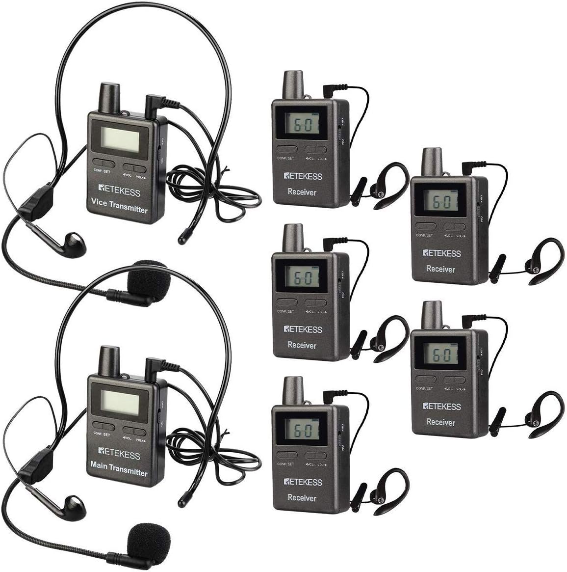 Case of 2 Main Vice Transmitters and 5 Receivers, Tour Guide System Wireless, 328ft, 2 Way Tour Headsets Microphone T445