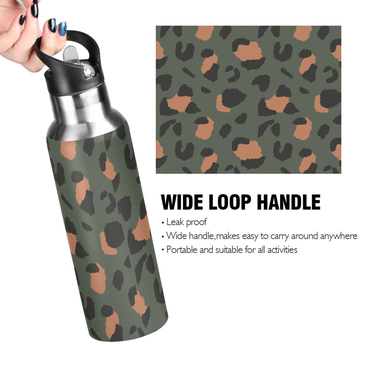 Green-brown Leopard Print 20 OZ Stainless Steel Vacuum Insulated Water Bottle with Straw Lid N4117