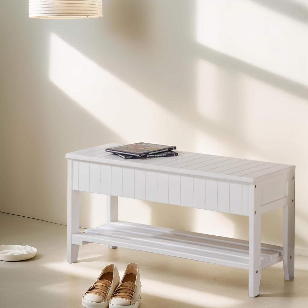 White Solid Wood Storage Bench with Open Shelves F588