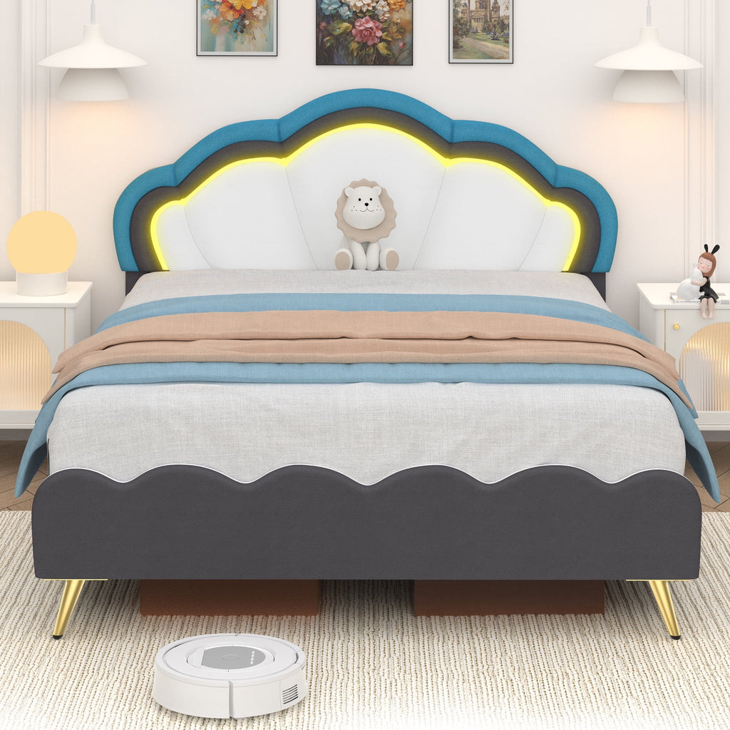 Twin Size White Velvet Upholstered Platform Bed with Adjustable Headboard D54543