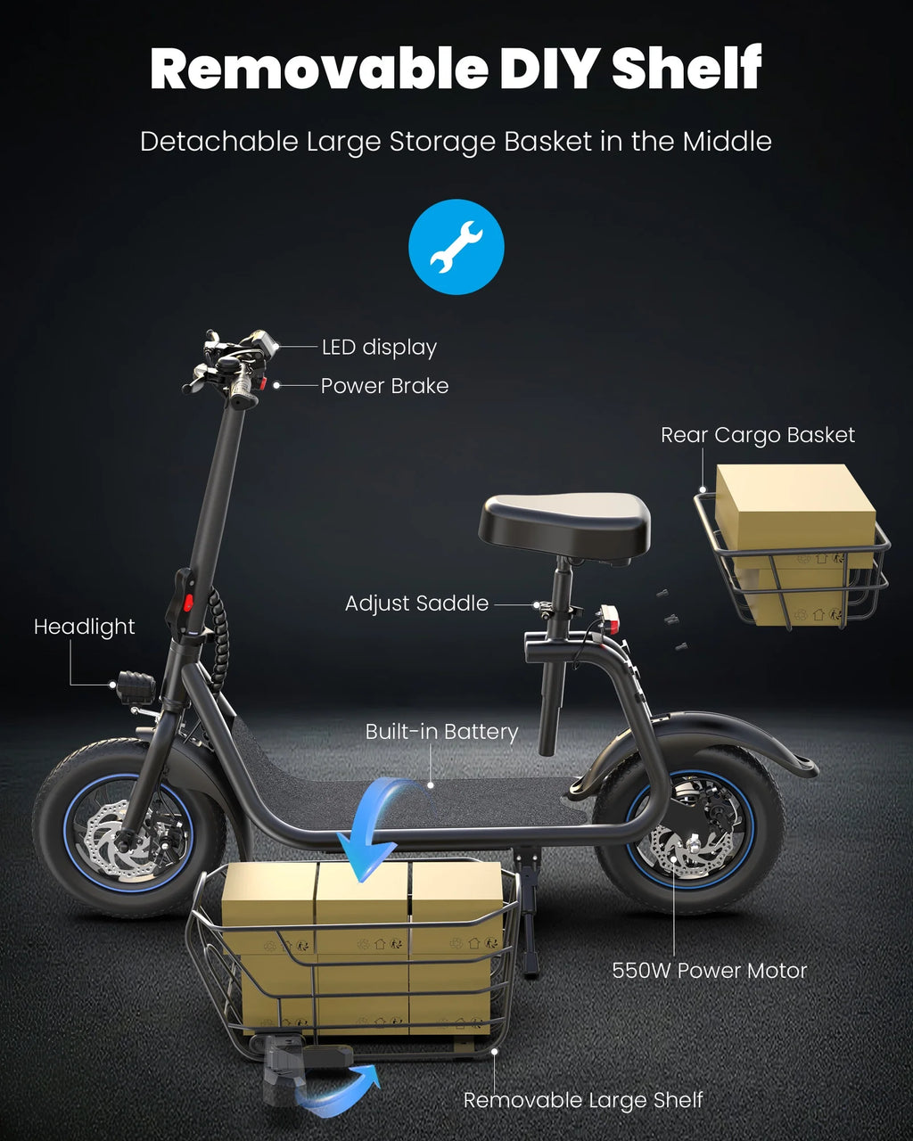 550W Electric Scooter with Big Seat and Front And Back Basket P725937