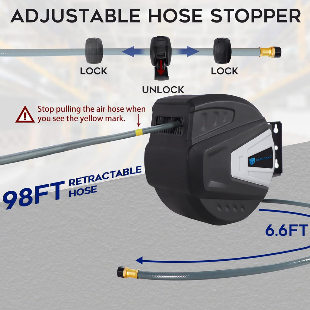 3/8” Retractable Air Hose Reel, 98+6.6 FT, 300PSI, Hybrid Polymer Hose, 1/4 Inch Connector F79809