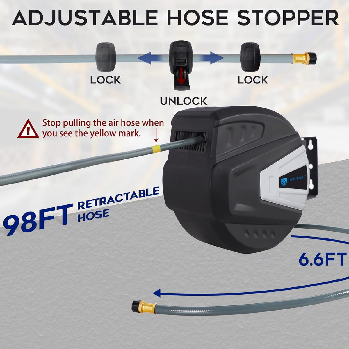 3/8” Retractable Air Hose Reel, 98+6.6 FT, 300PSI, Hybrid Polymer Hose, 1/4 Inch Connector F79809