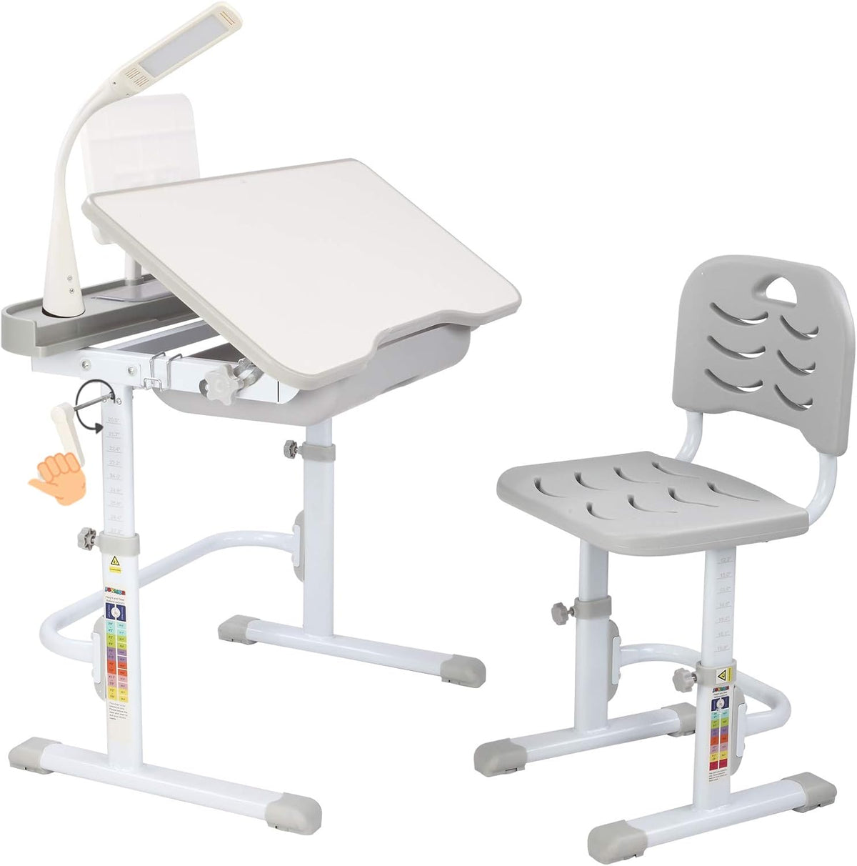 Grey Kids Desk Chair Set with Lamp, Height Adjustable Study Desk with Tilt Desktop, Pull Out Drawer Storage, Pencil Case, Bookstand, LED Light E754744