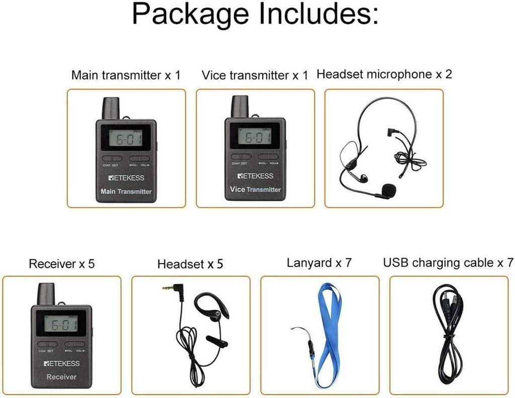 Case of 2 Main Vice Transmitters and 5 Receivers, Tour Guide System Wireless, 328ft, 2 Way Tour Headsets Microphone T445