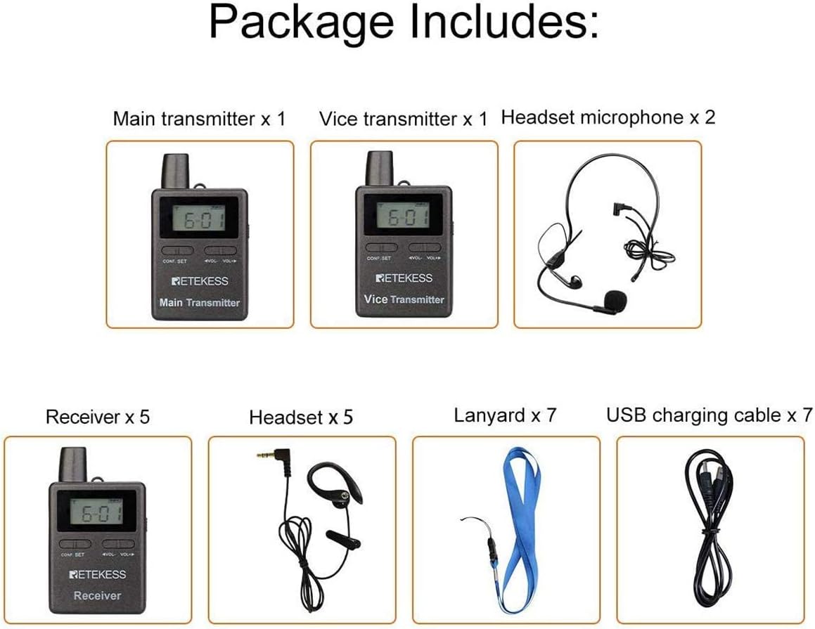 Case of 2 Main Vice Transmitters and 5 Receivers, Tour Guide System Wireless, 328ft, 2 Way Tour Headsets Microphone T445