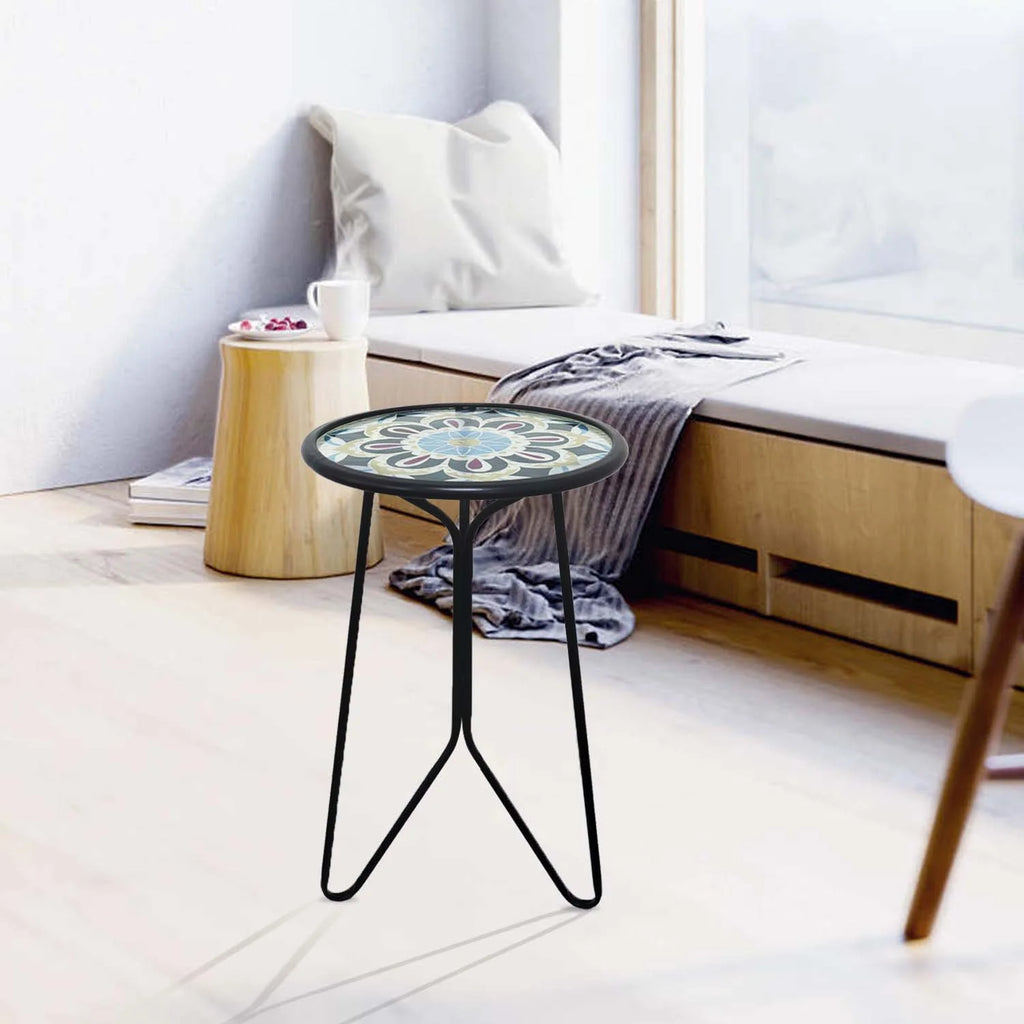 Mosaic Metal Round Glass Table 12x12x22 inch W377