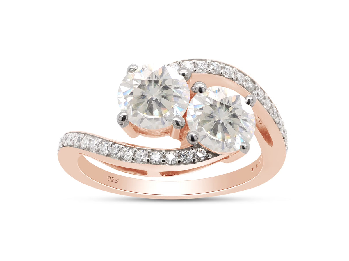 14K Rose Gold Over Sterling Silver Moissanite Two Stone Bypass Engagement Ring Z1813