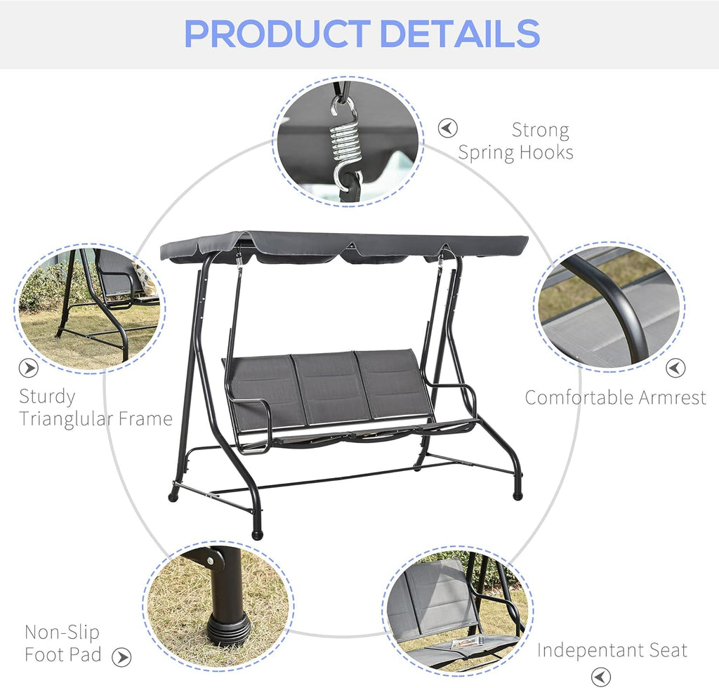 3-Seater Porch Swing Chair with Adjustable Canopy O749