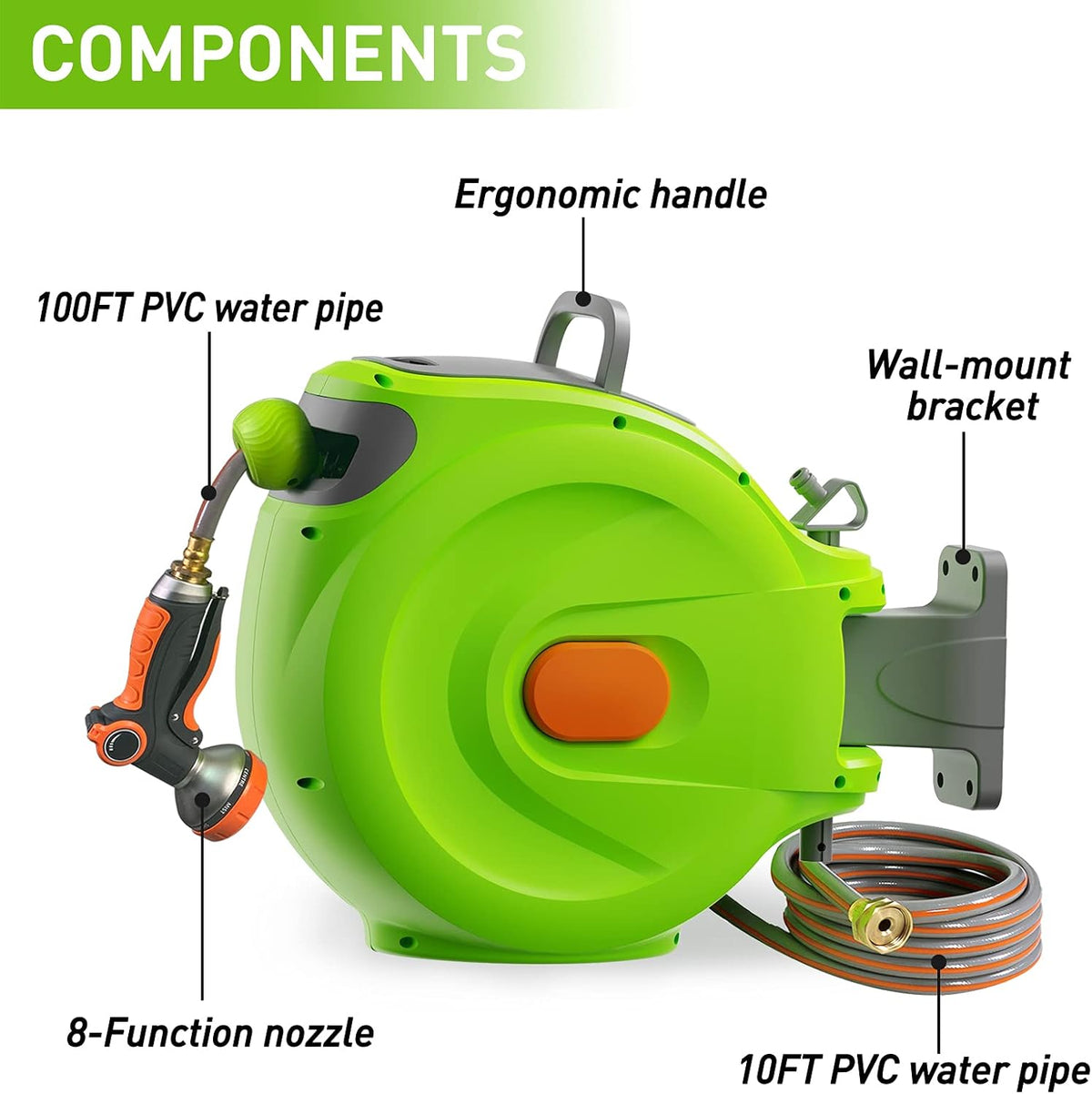 Retractable Garden Hose Reel, 1/2'' x 100+10 FT Wall Mounted with 8 Patterns Nozzles I96594