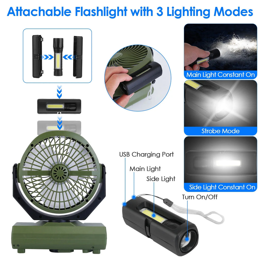 Portable Rechargeable Camping Fan with Flashlight Power Bank N481