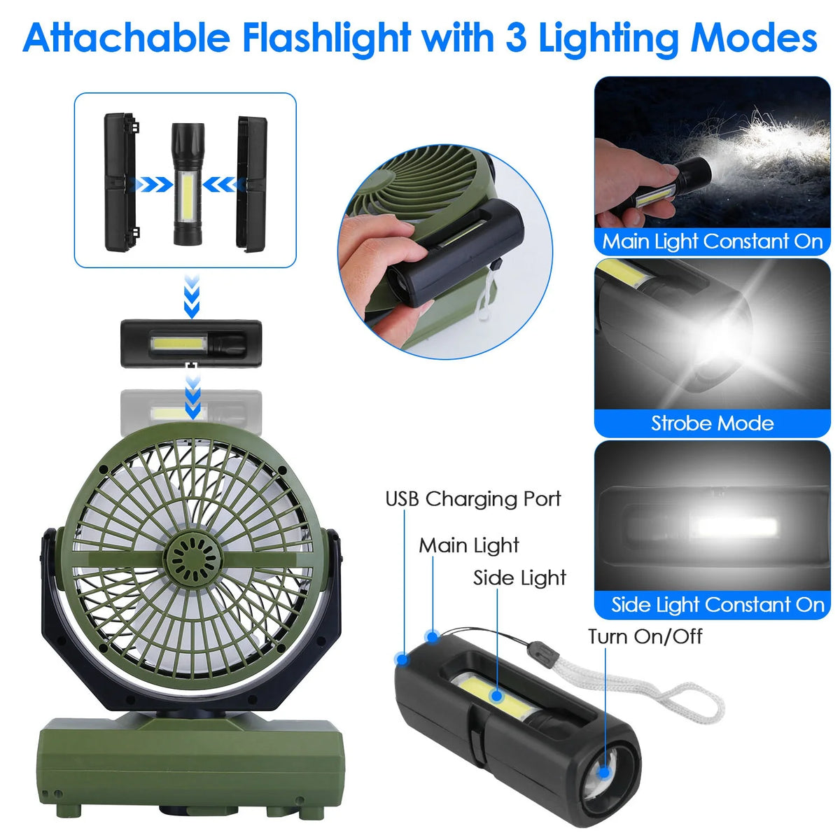 Portable Rechargeable Camping Fan with Flashlight Power Bank N481