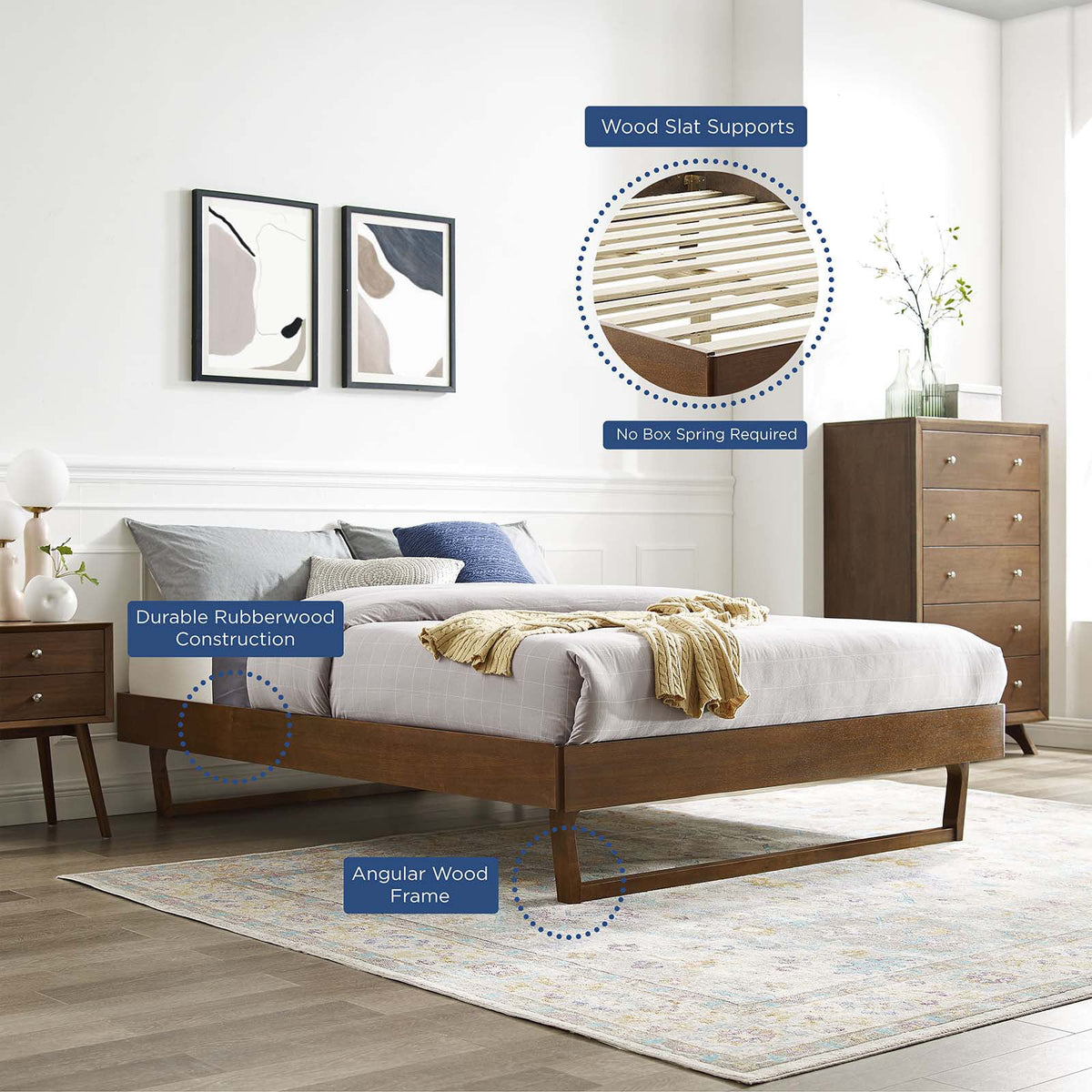 King Size Brown Walnut Wood Platform Bed Frame B736836