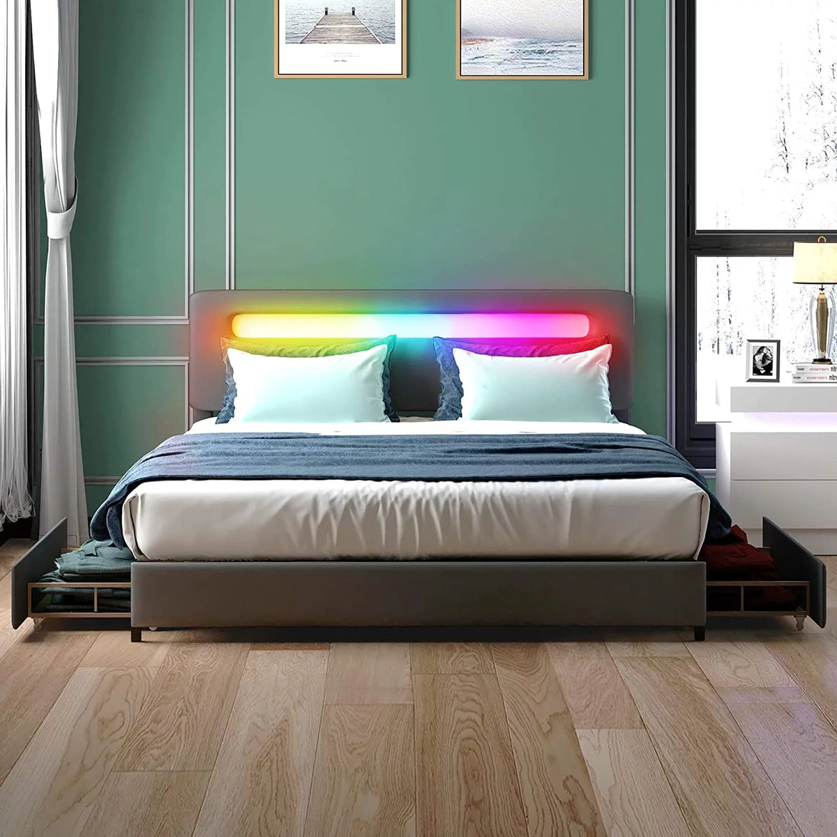 King Size Platform Bed Frame with 4 Storage Drawers D450578