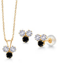 14K Yellow Gold White Created Sapphire and Black Diamond 3 Stone Pendant and Earrings Jewelry Set F14022