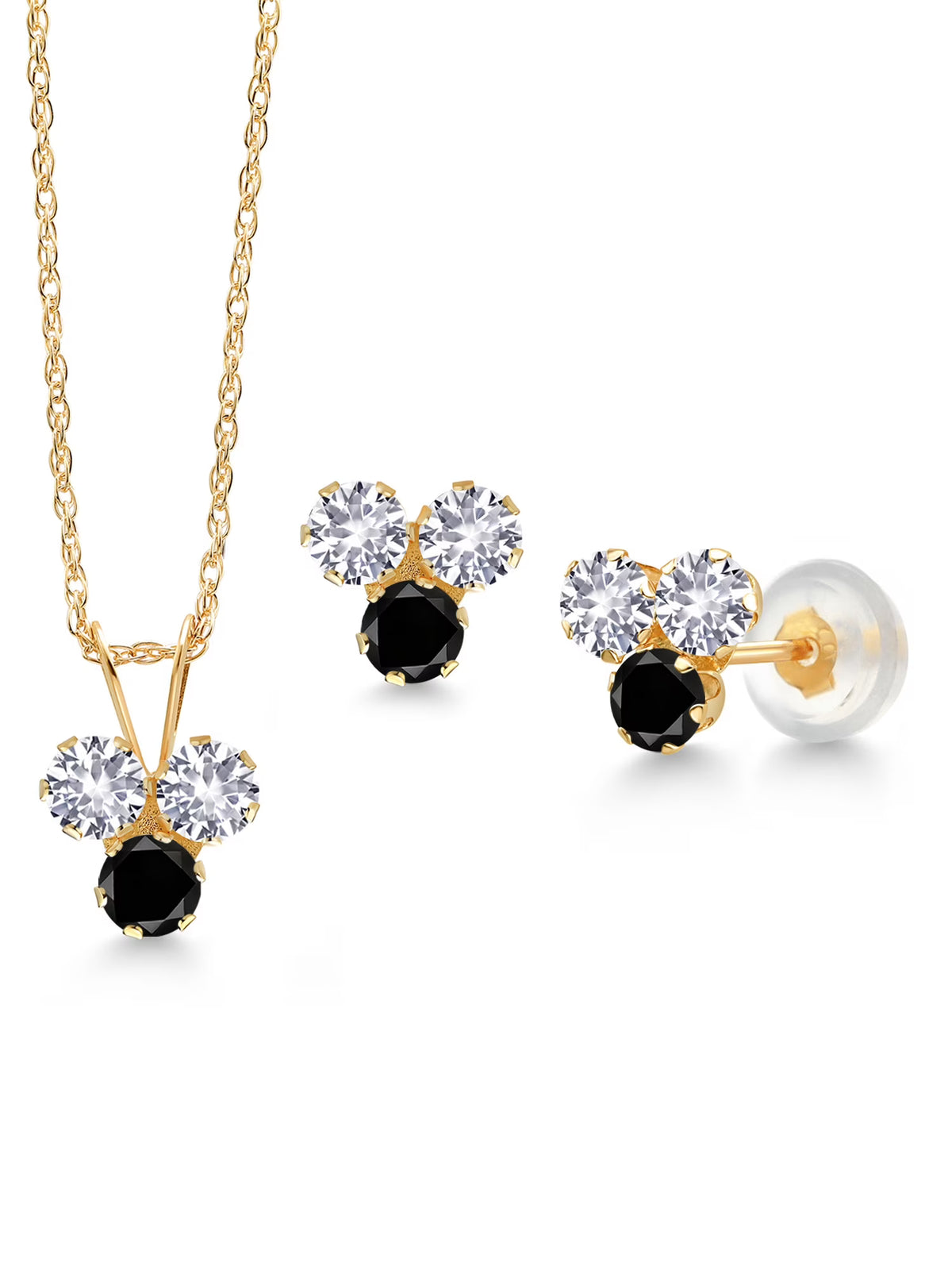 14K Yellow Gold White Created Sapphire and Black Diamond 3 Stone Pendant and Earrings Jewelry Set F14022