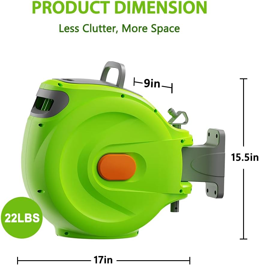 Retractable Garden Hose Reel, 1/2'' x 100+10 FT Wall Mounted with 8 Patterns Nozzles I96594
