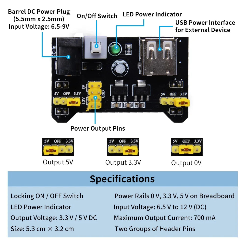Electronics Component Fun Kit with Power Supply Module, Breadboard, GPIO Extension Module, Jumper Wires, LED T803