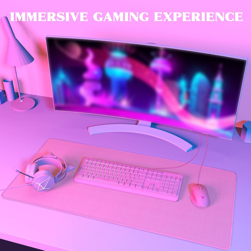 Pink Keyboard and Mouse Combo with Cat Ear Headset and Mouse Pad, RGB Gaming Mice 6400DPI, Noise Cancelling Mic Headphones, Rainbow Backlit Keyboard, Pack of 2 V626