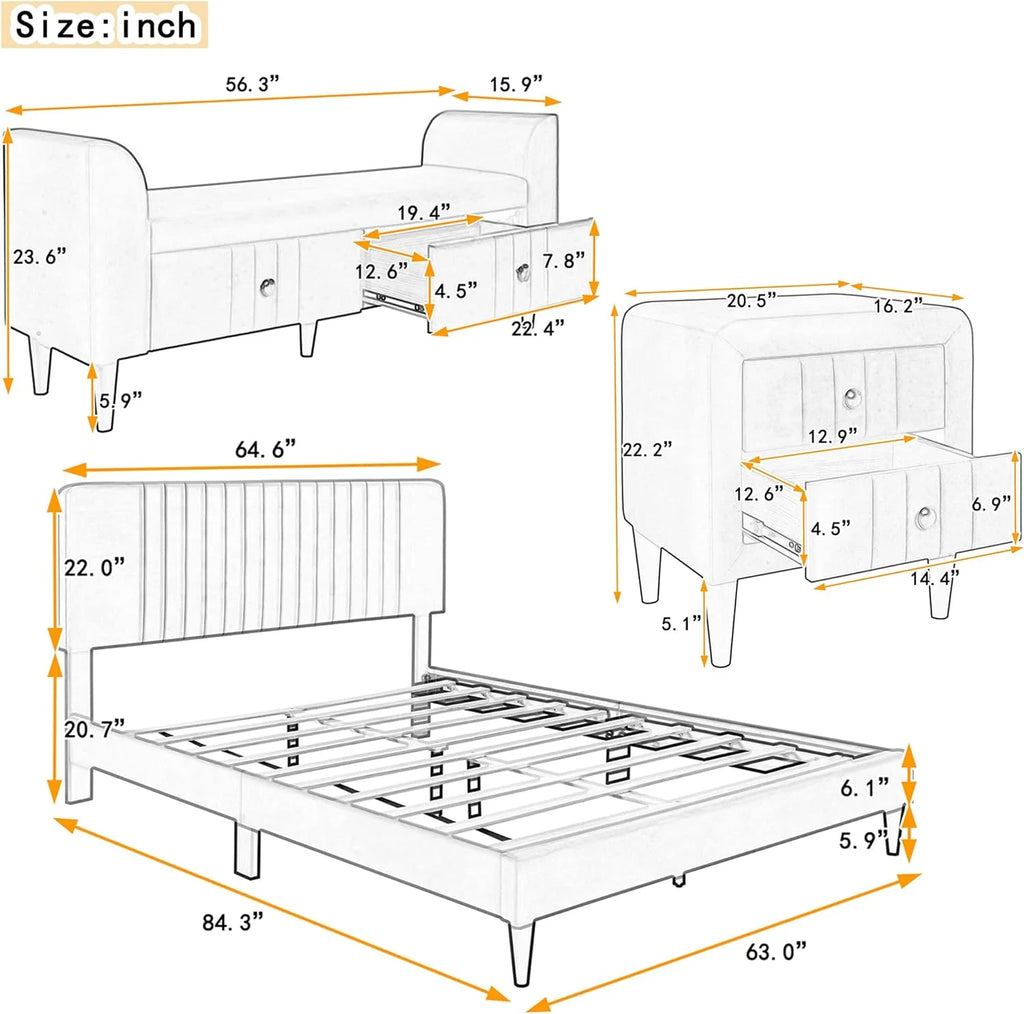 Queen Size Upholstered Platform Bed with Storage Bench B932