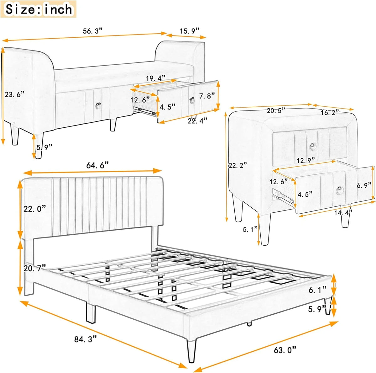 Queen Size Upholstered Platform Bed with Storage Bench B932