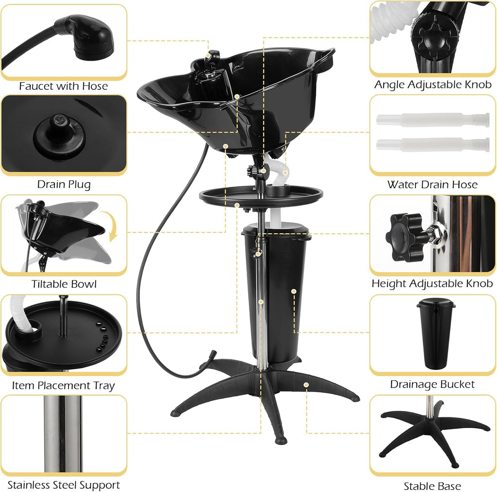 Portable Shampoo Bowl Basin Sink with Adjustable Height, Includes Drain Hose and Bucket U8606
