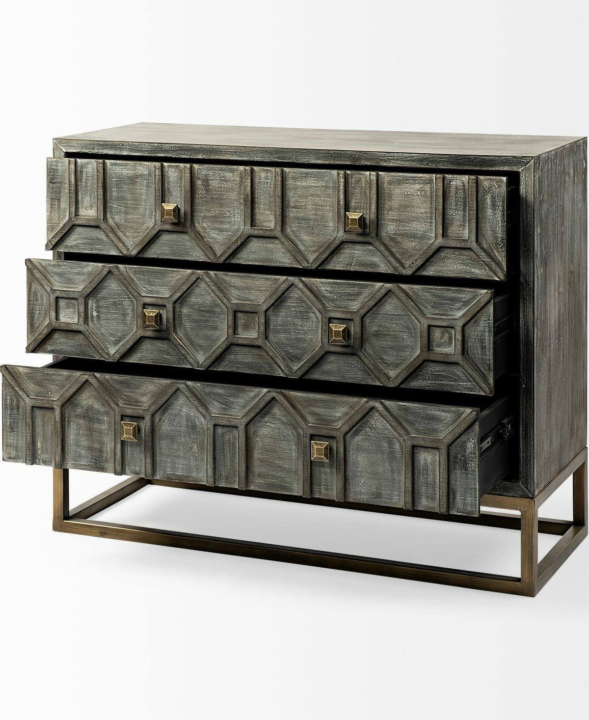 Solid Wood and Brass 3 Drawer Cabinet in Brown N510