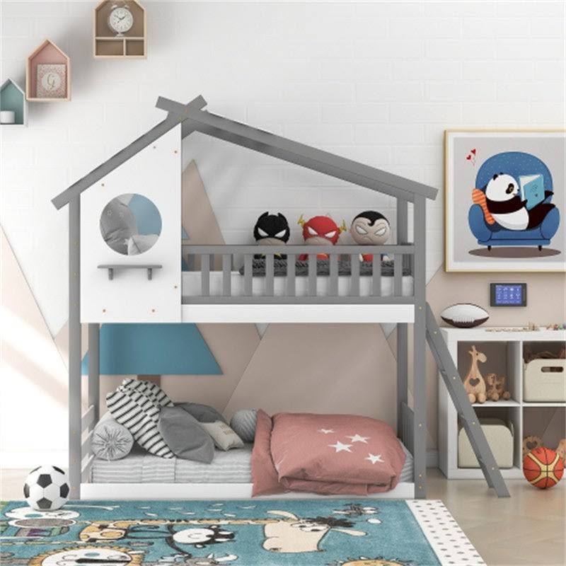 Gray Twin Over Twin Solid Wood Bunk Bed with Ladder M956
