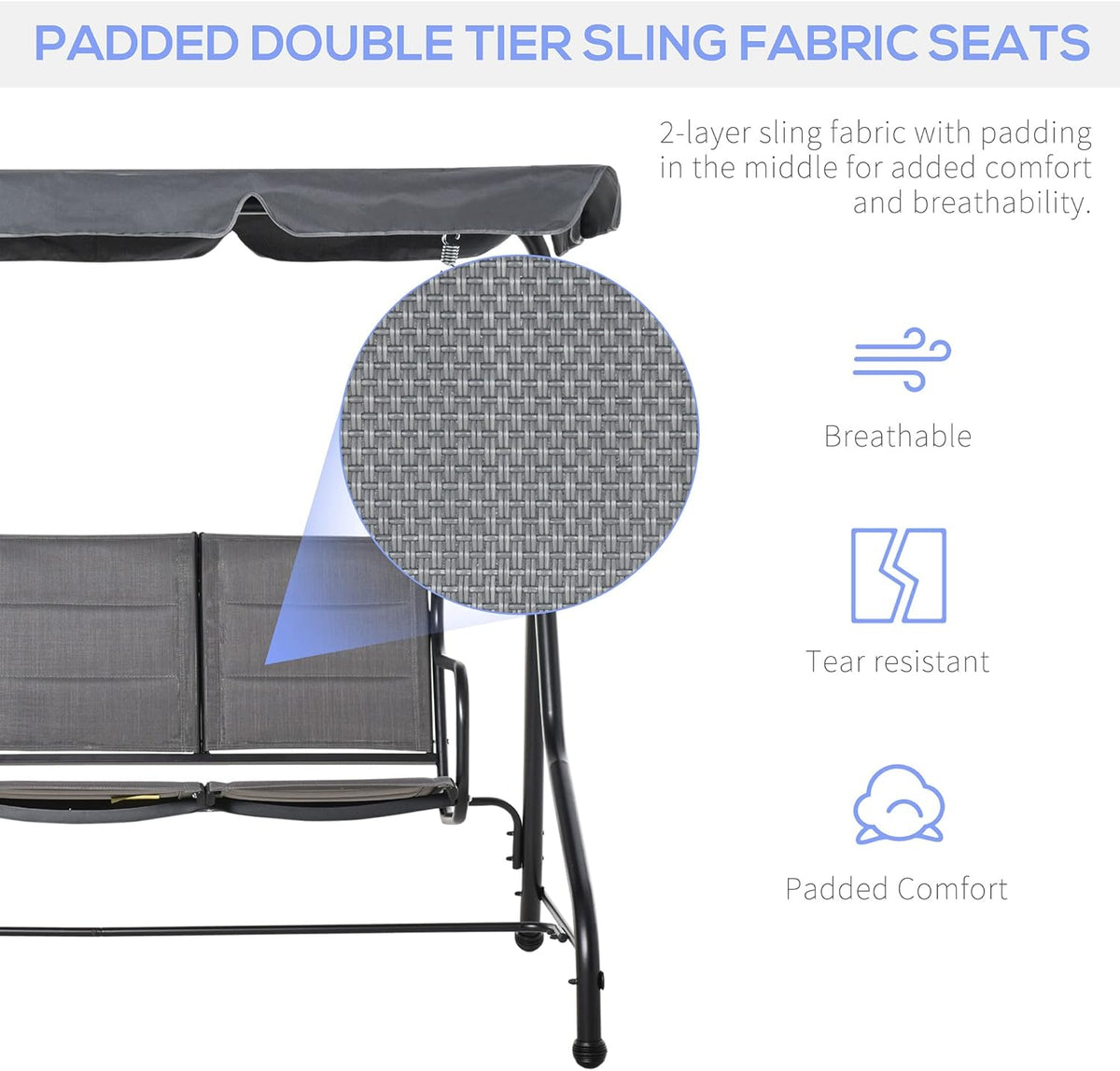 3-Seater Porch Swing Chair with Adjustable Canopy O749