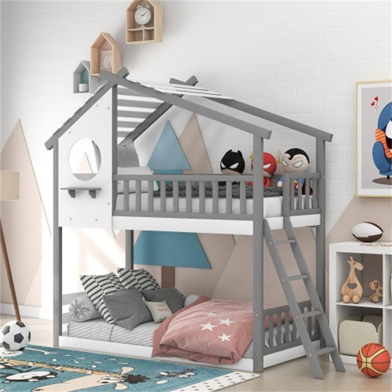 Gray Twin Over Twin Solid Wood Bunk Bed with Ladder M956