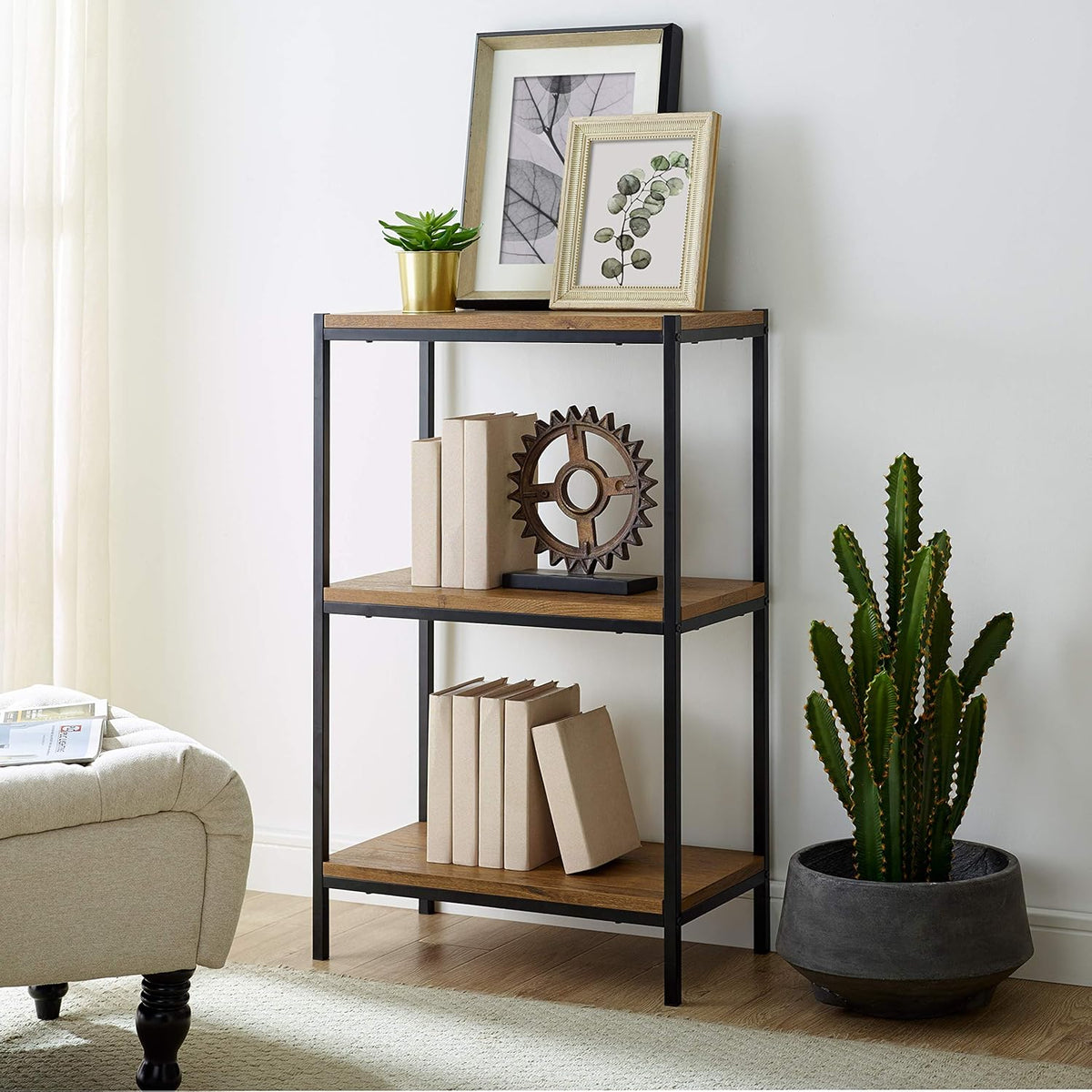 3 Tier Rustic Industrial Bookshelf with Open Shelves Y386