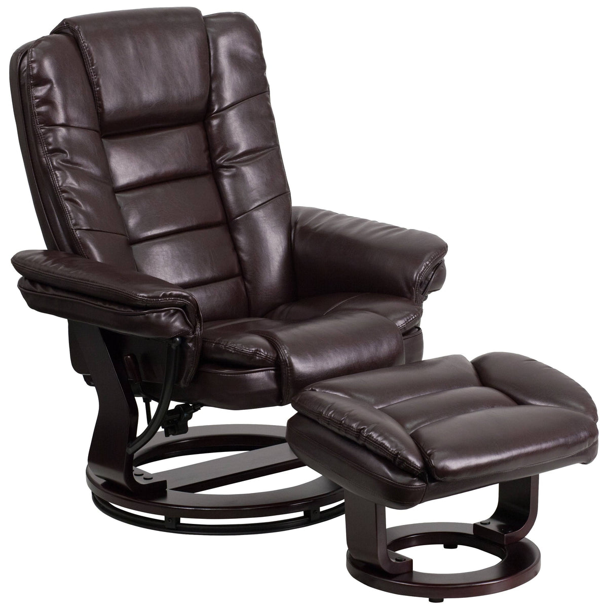 Brown Leather Recliner and Ottoman with Swiveling Wood Base D9564