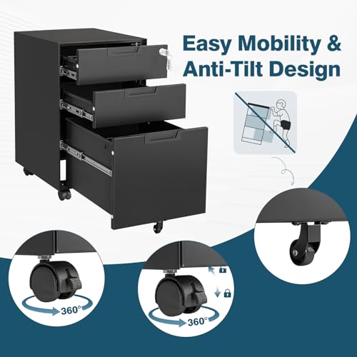 Black 3 Drawer Metal File Cabinet with Lock P94835