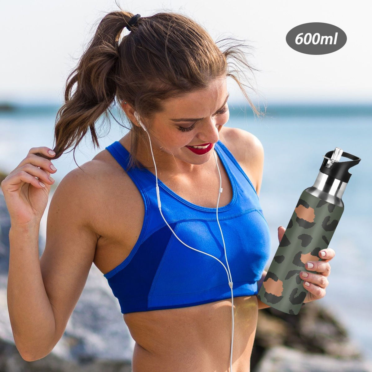 Green-brown Leopard Print 20 OZ Stainless Steel Vacuum Insulated Water Bottle with Straw Lid N4117